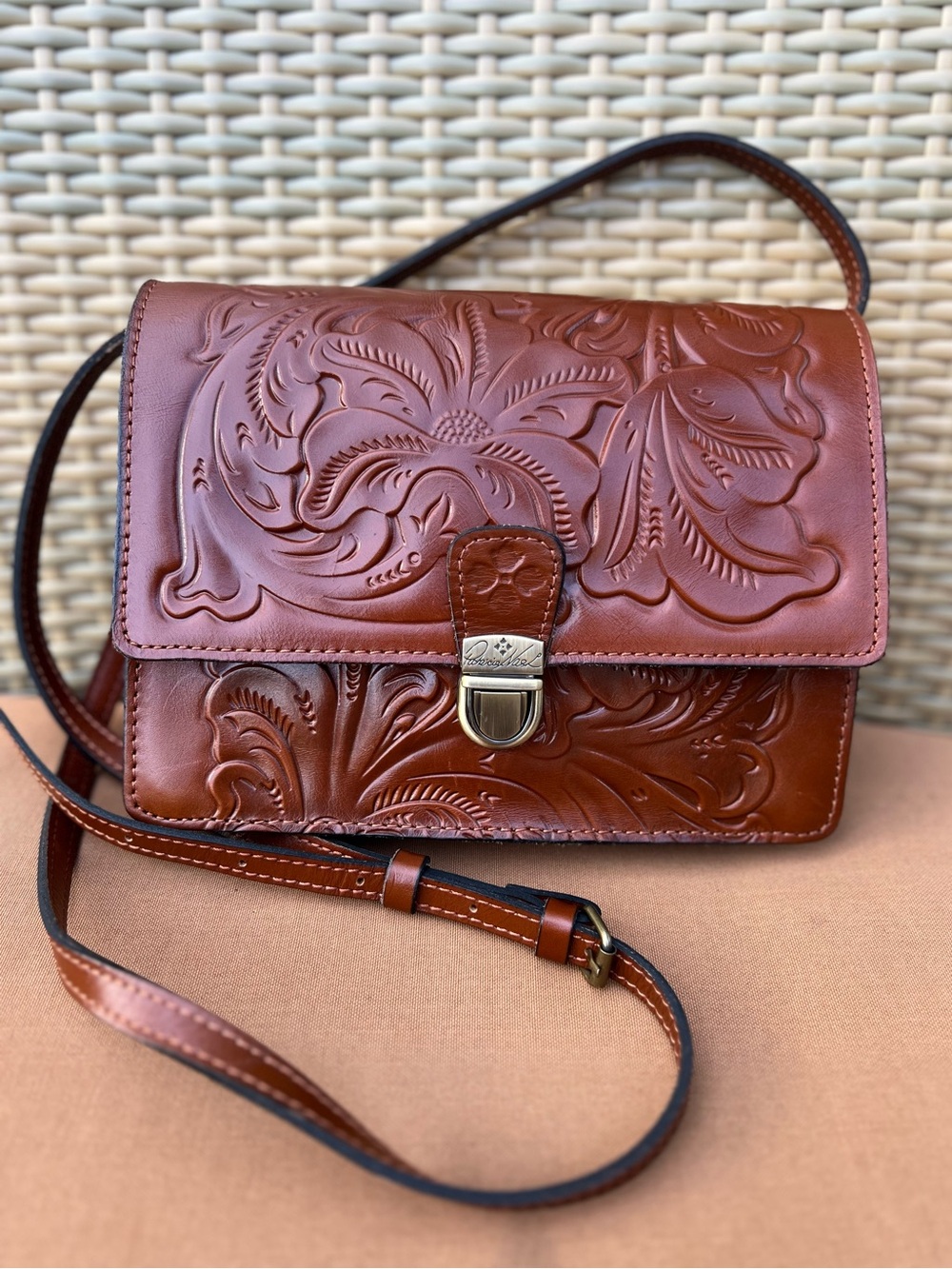 Patricia Nash Brown Floral Embossed Crossbody Bag Push Lock Zip, Gold Hardware